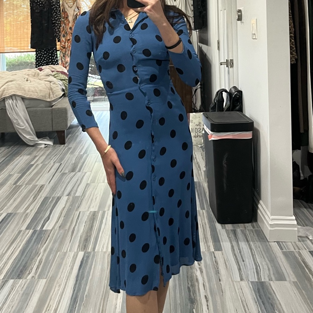Reformation Blue and black polka dotted dress